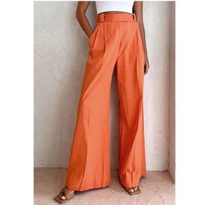 Commense Vibrant Orange Trousers Vitamin C Linen Cotton Wide Leg Pants Small